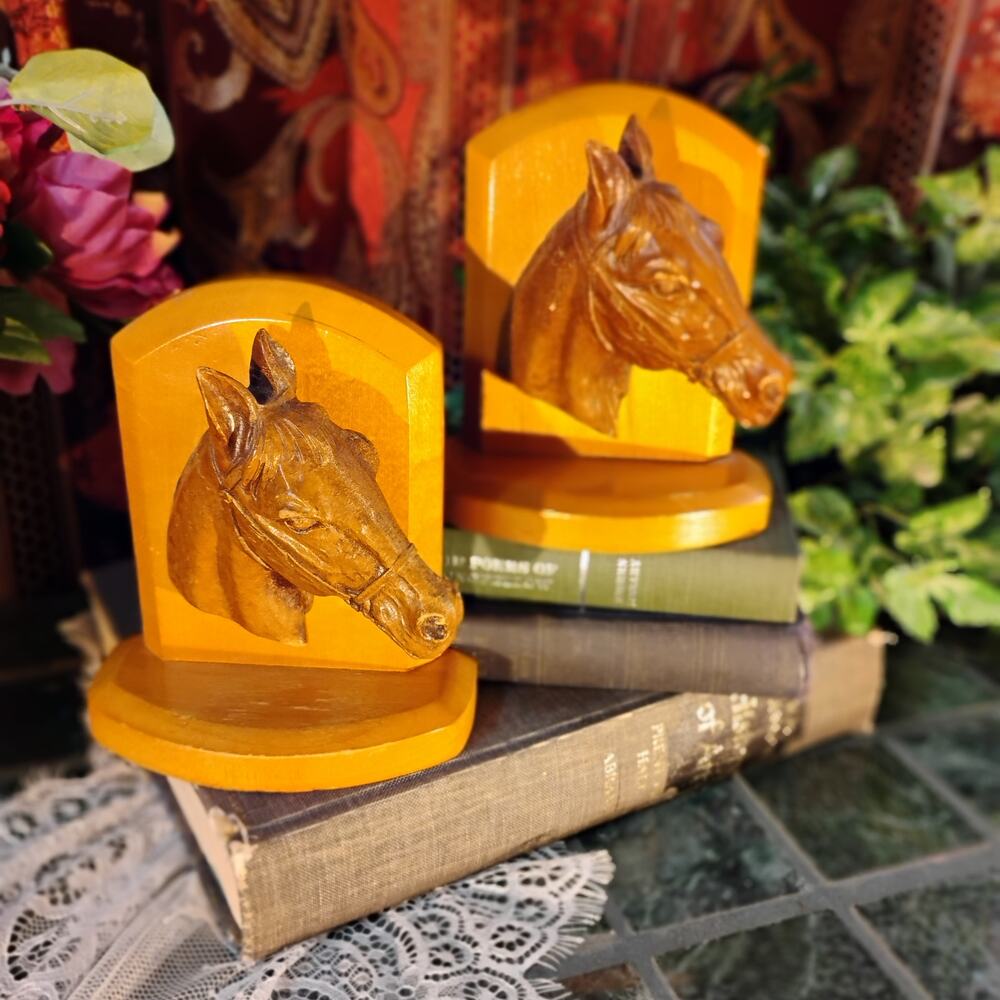 Syroco Vintage Wood Horse Head Bookends MCM Equestrian Rustic Library Decor Gift